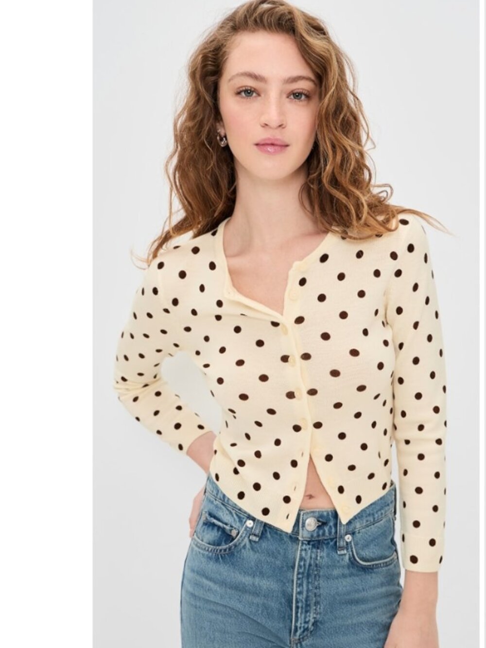 Reformation Bernadette Crew Cardigan Brownie Polka Dot